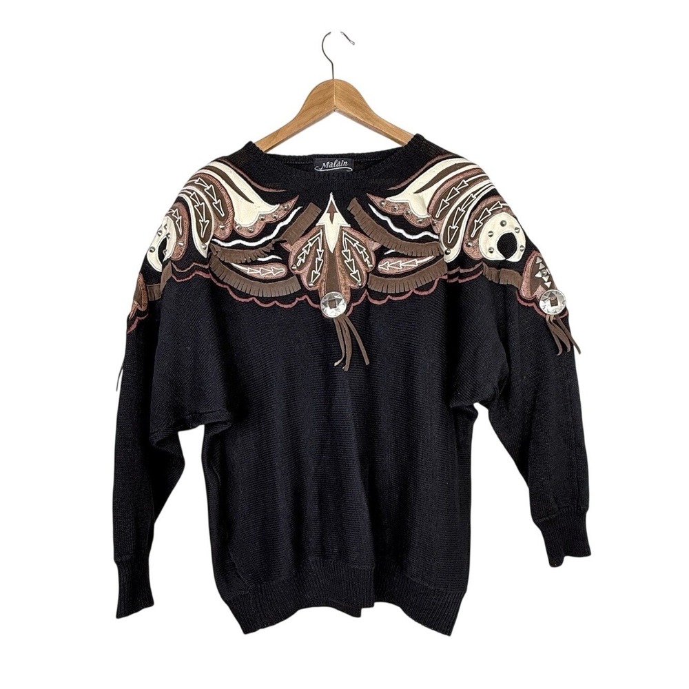 Malain Western Cowboy Rodeo Sweater Rare 1980's Vintage Size M Studded Fringe